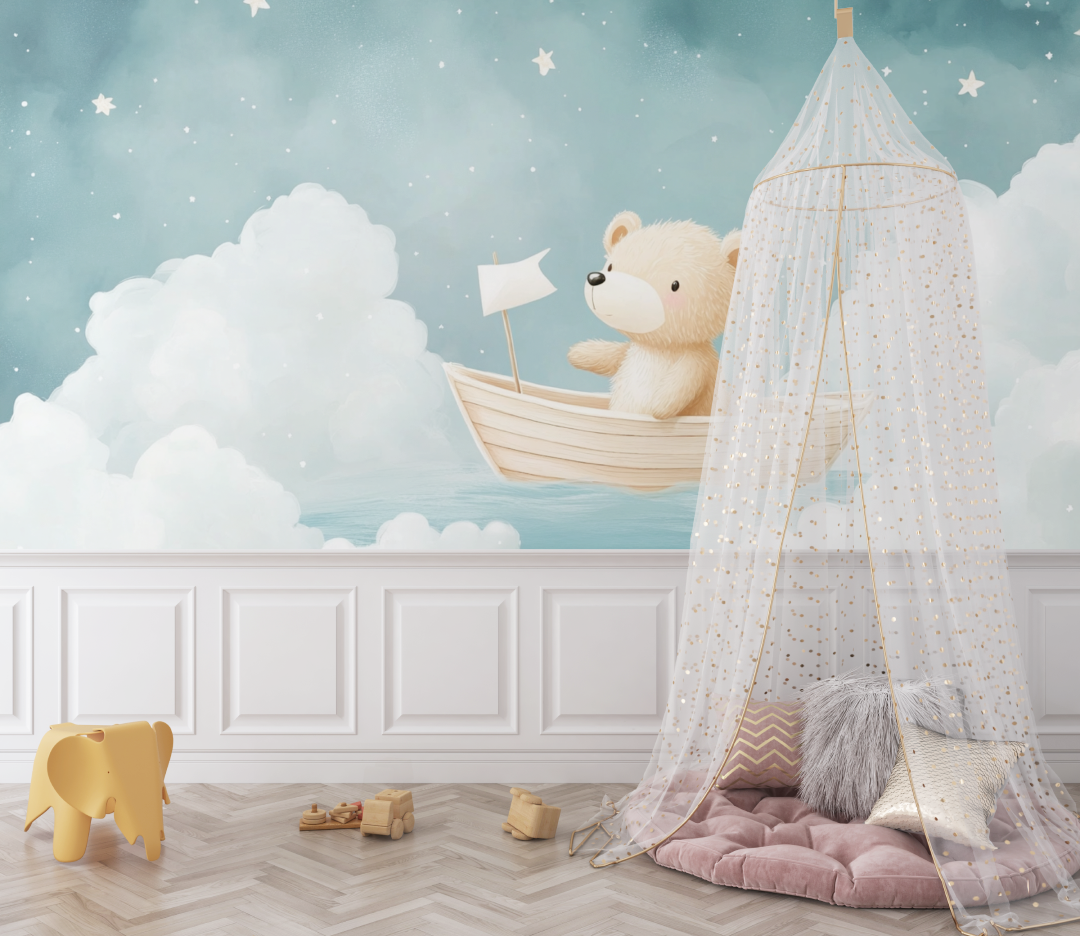 Papier peint marin ours et bateau bebe