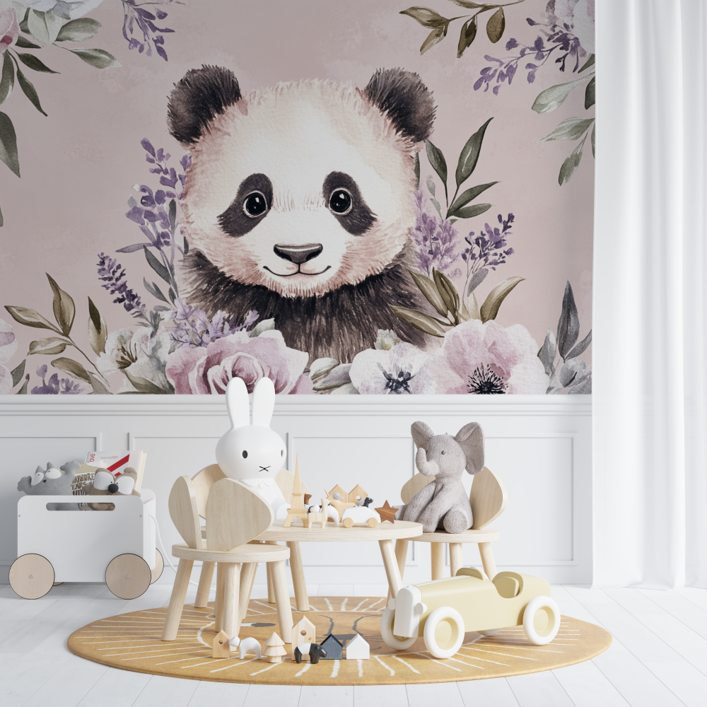 Papier peint panda et couronne de fleurs chambre de bebe