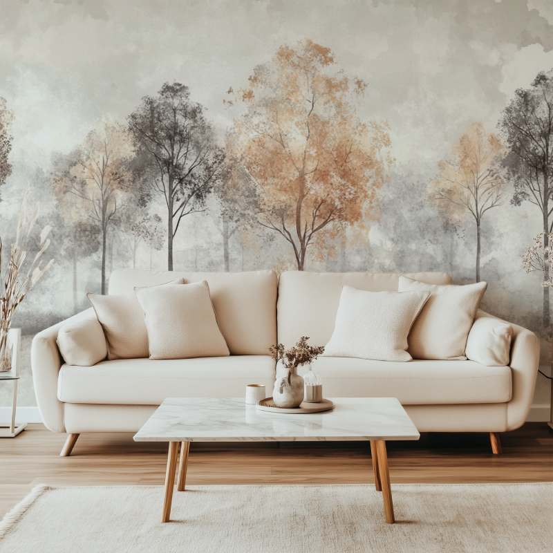 Papier peint arbre gris et marron canape simple