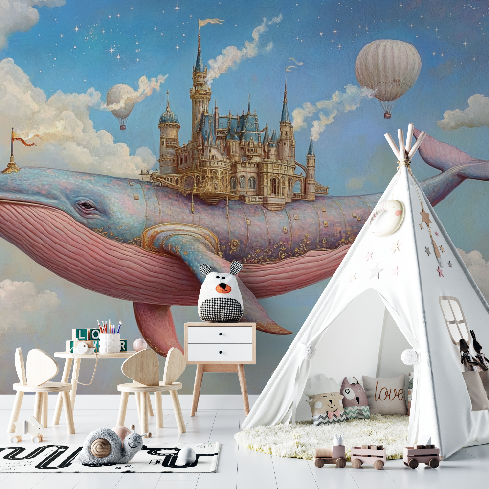 Papier peint baleine volante et chateau chambre bebe