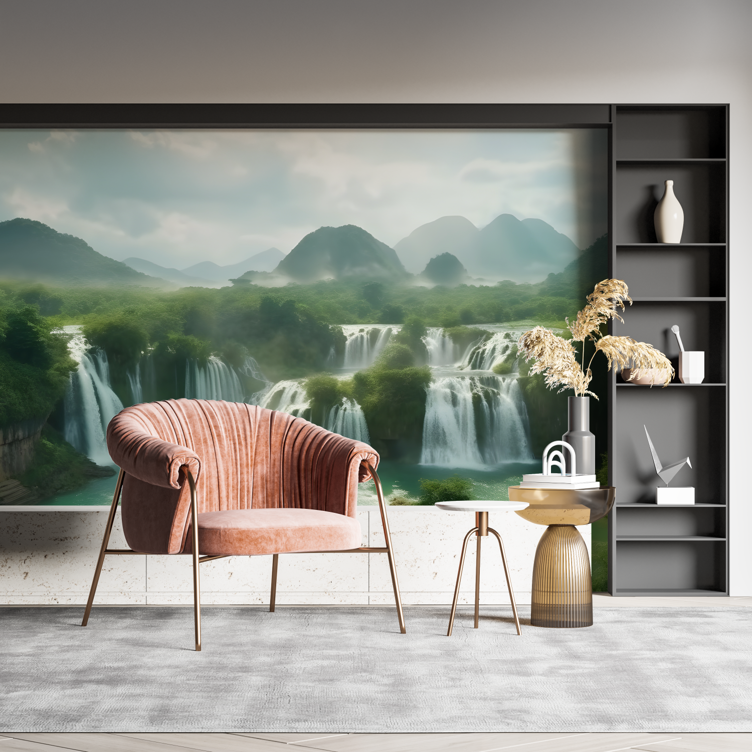 Papier peint aquarelle cascade douce pano mural