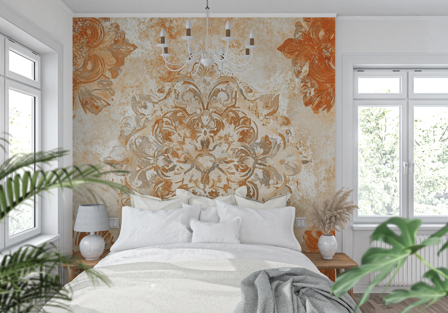 Papier peint terracotta avec arabesques dorees tendance mur