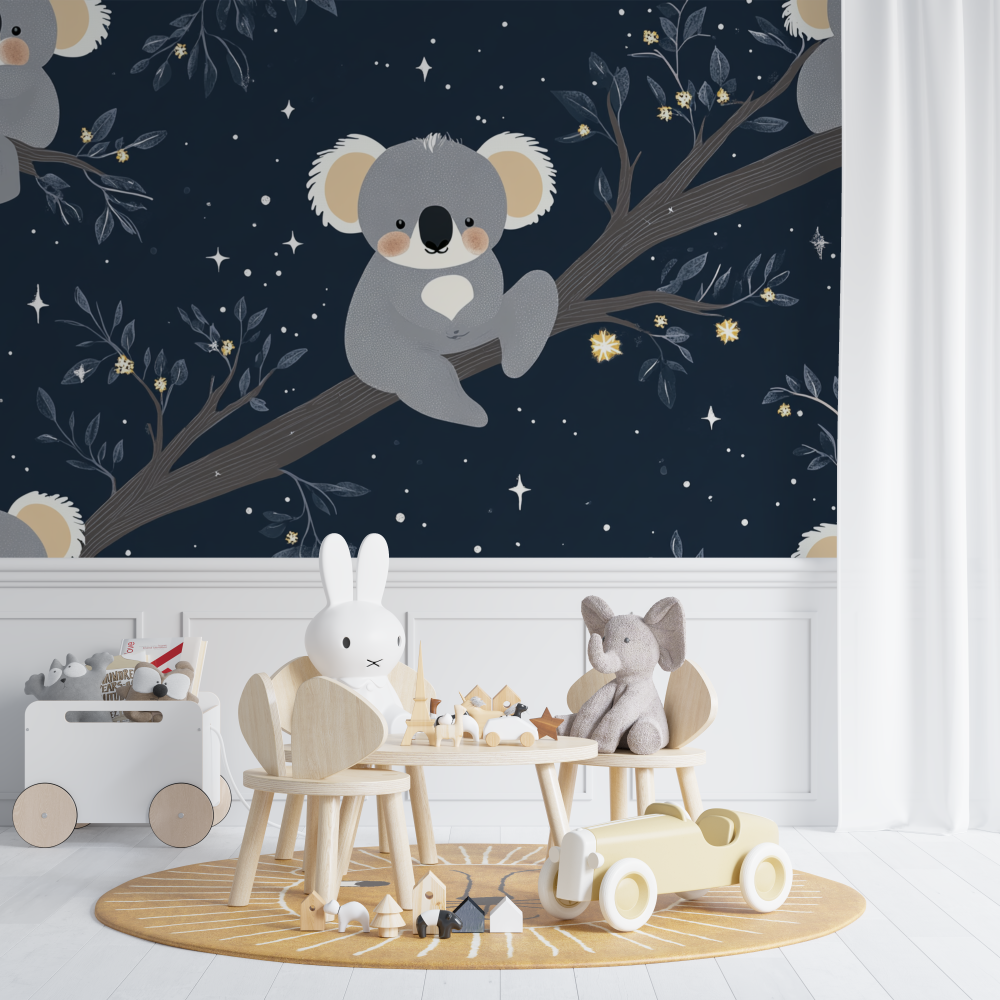 Papier peint koala et berceau detoiles chambre de bebe