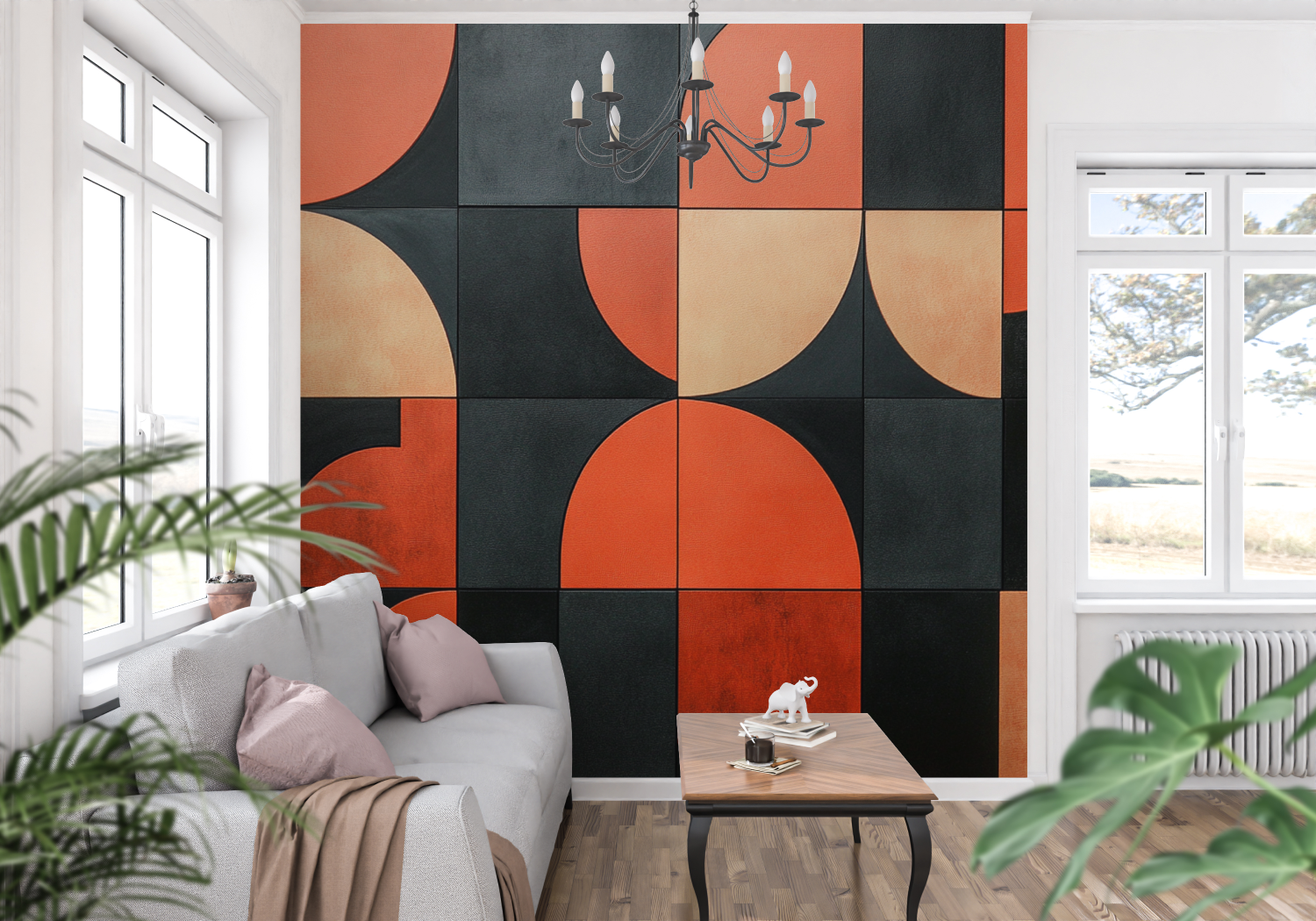 Papier peint terracotta et noir graphique panoramique mur
