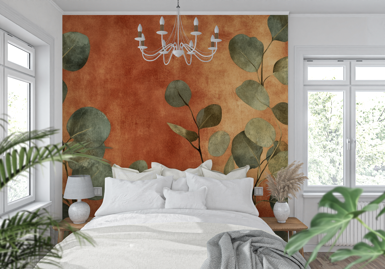 Papier peint terracotta et eucalyptus stylise tendance mur
