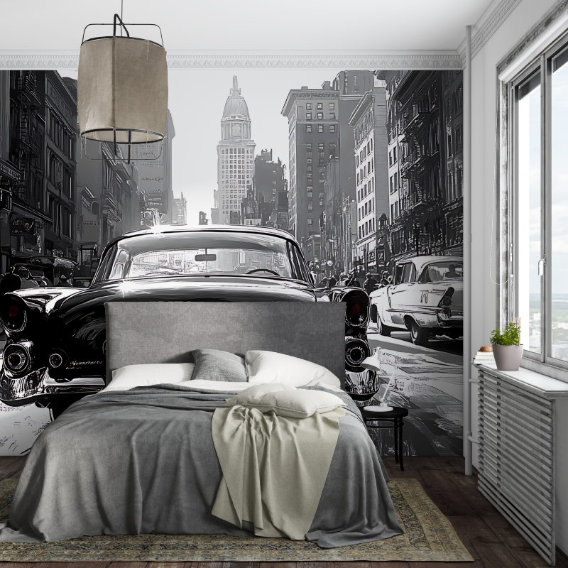 Papier peint noir et blanc voiture vintage piece ados