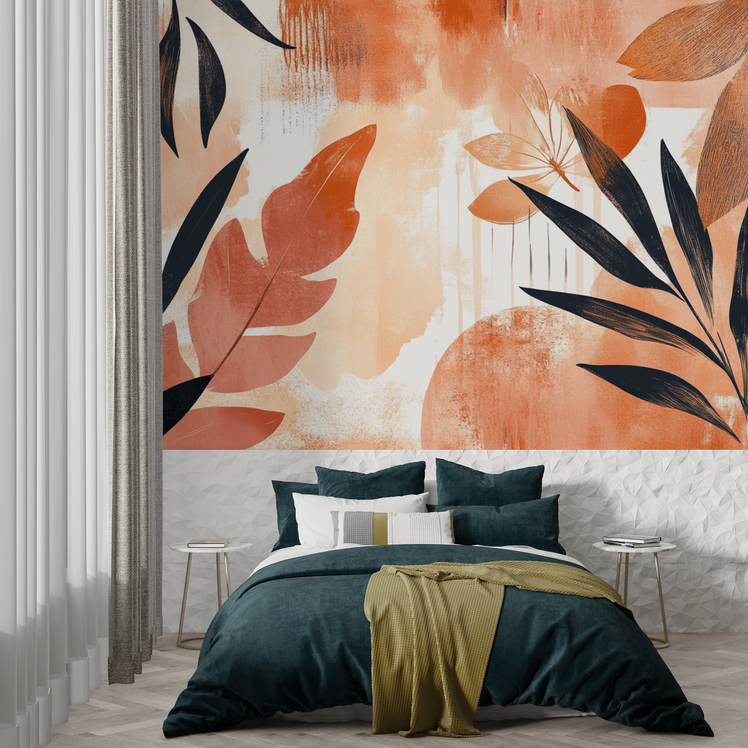 Papier peint terracotta et rose poudre trompe loeil