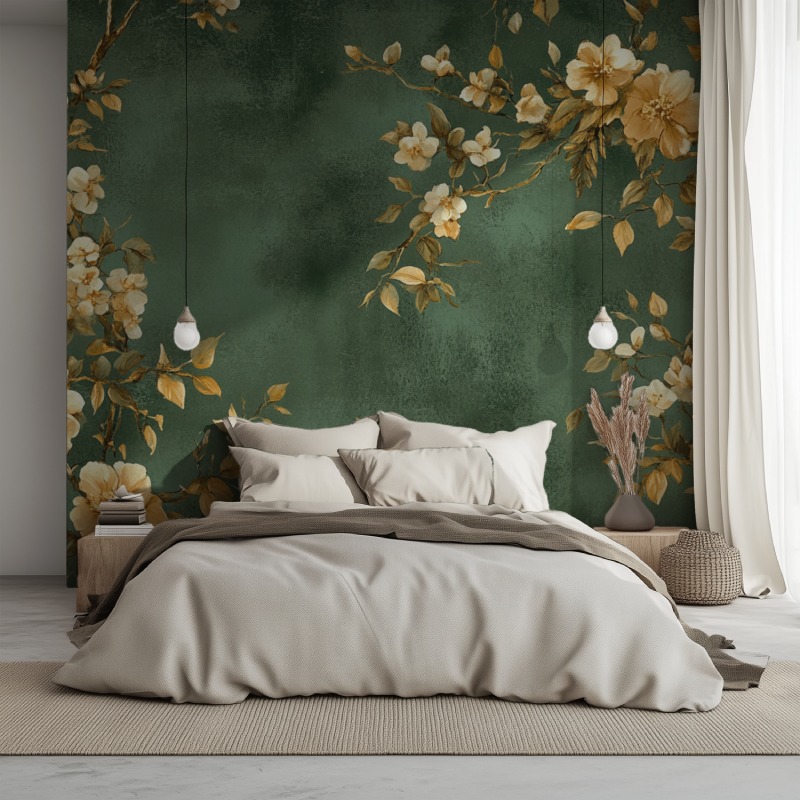 Papier peint vintage vert lit 1234