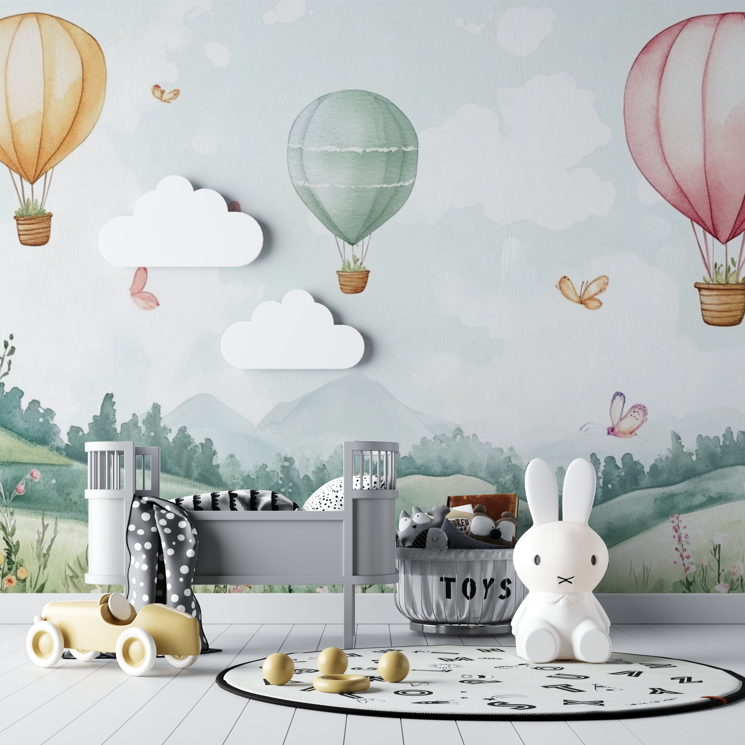 Papier peint montgolfiere et paysages champetres bebe tipi
