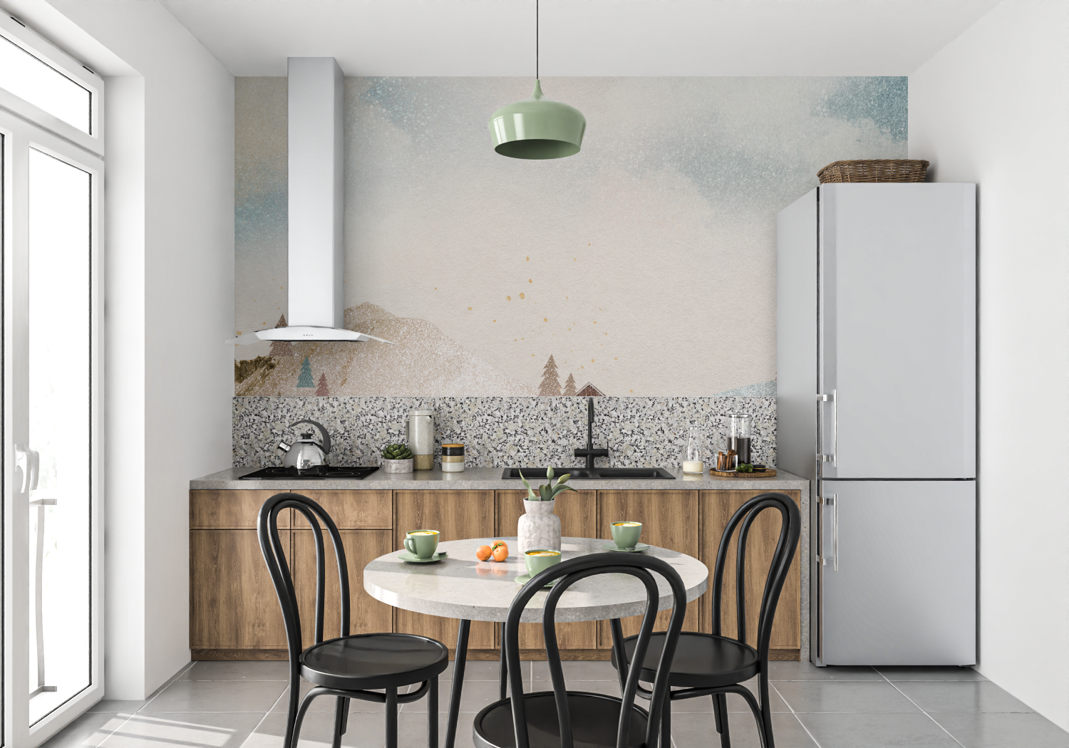 Papier peint aquarelle paysage leger mur cuisine