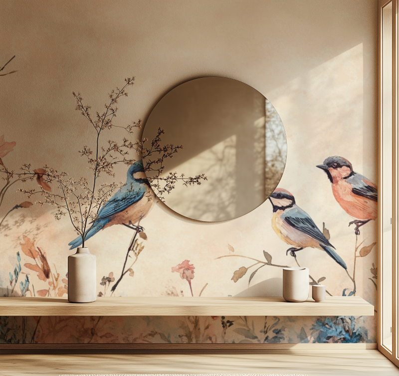 Papier peint vintage fleurs oiseaux miroir
