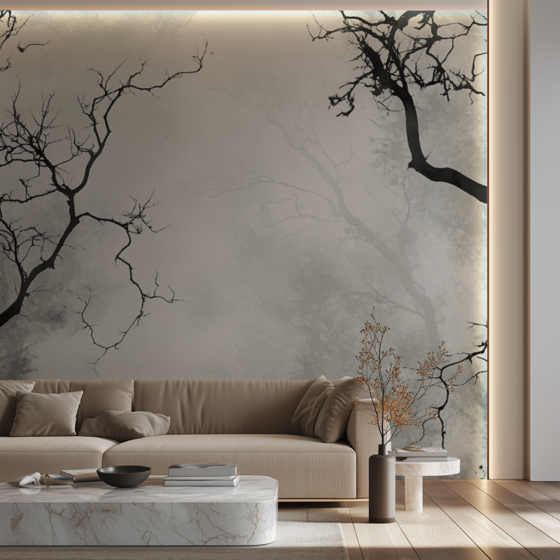 Papier peint arbre noir et gris canape neon