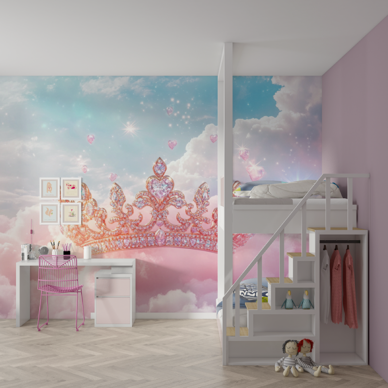 Papier peint princesse couronne doree mur chambre fille