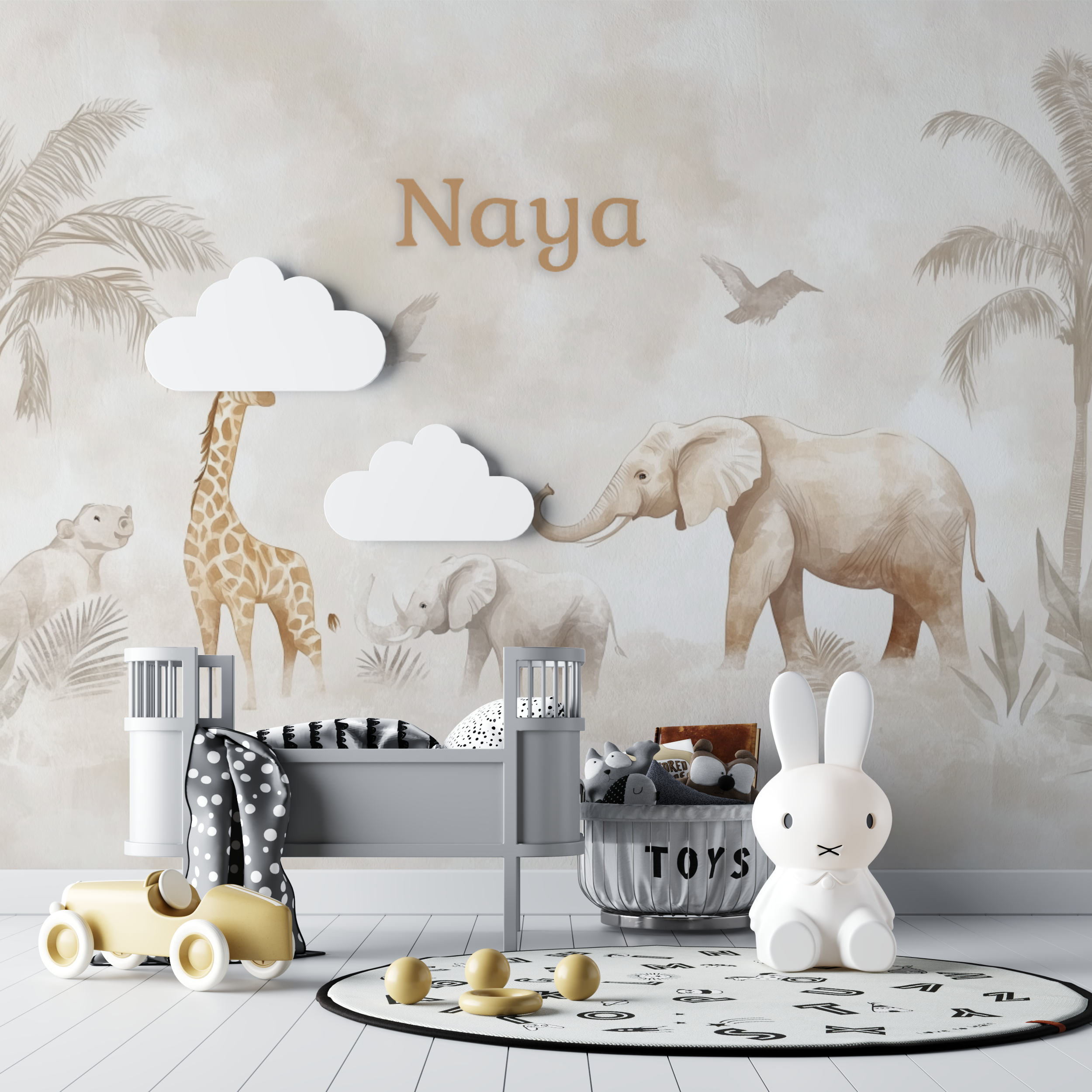Papier peint prenom animaux safari bebe tipi