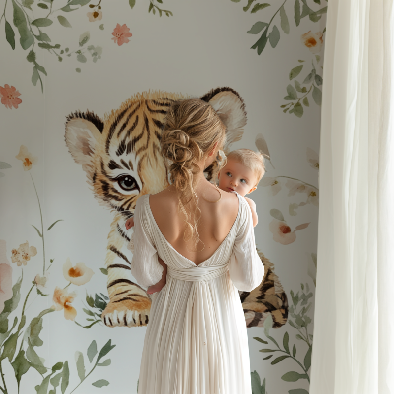 Papier peint tigre et fleurs sauvages bb123