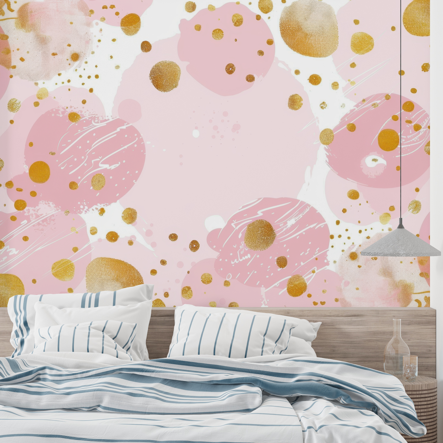 Papier Peint Rose Pois Doré - pano mural