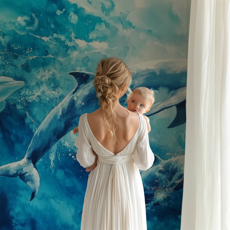 Papier peint baleine et dauphins bb123