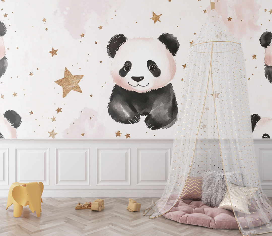 Papier peint panda et etoiles dorees bebe