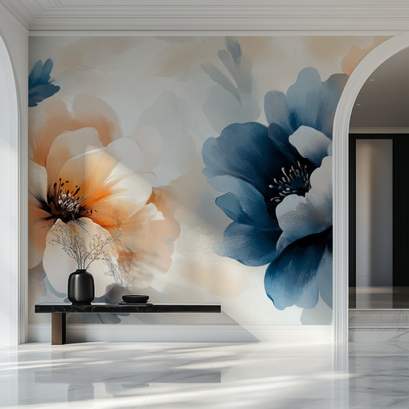 Papier peint fleur bleu blanc marron beige salon beau