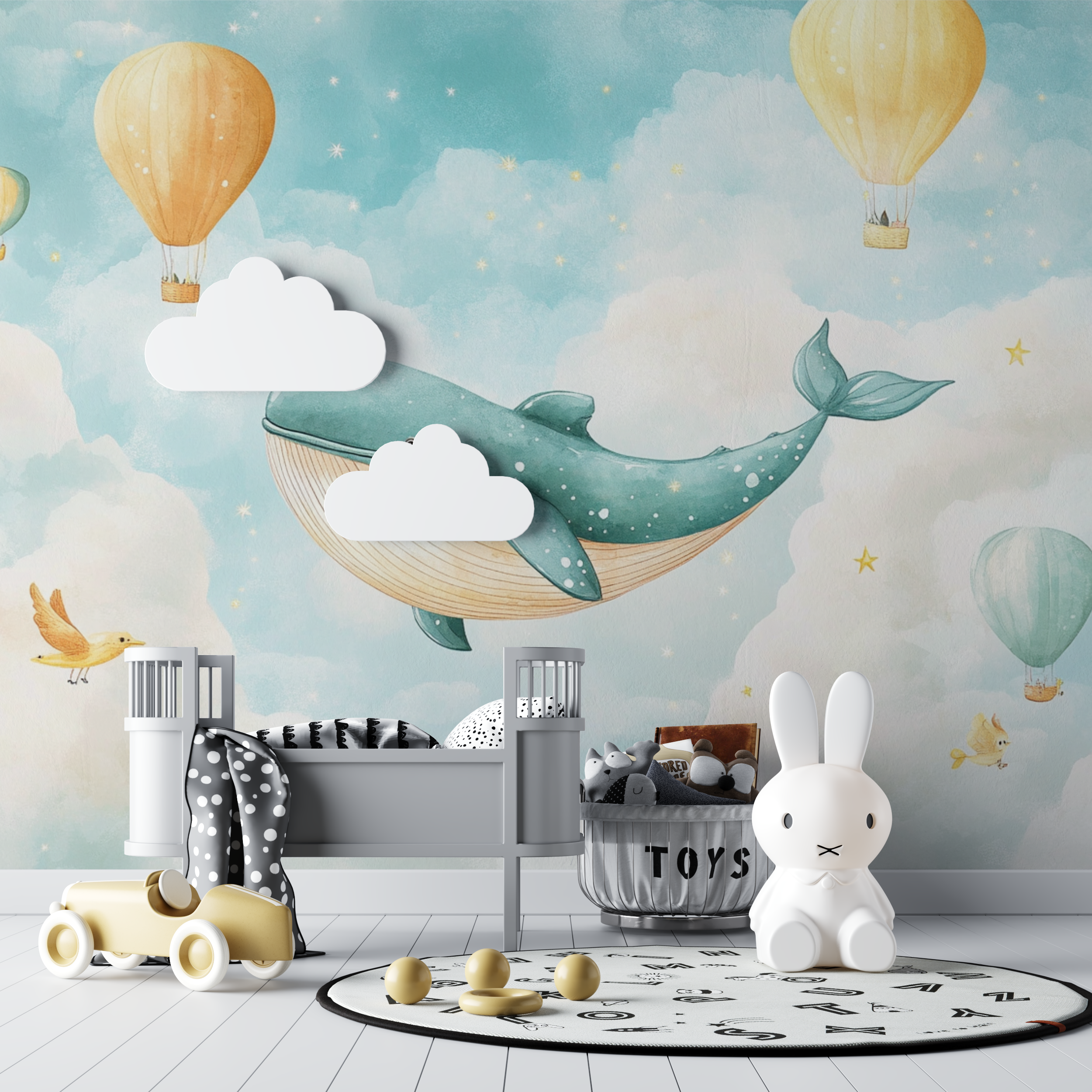 Papier peint bebe classique ciel et baleine bebe tipi