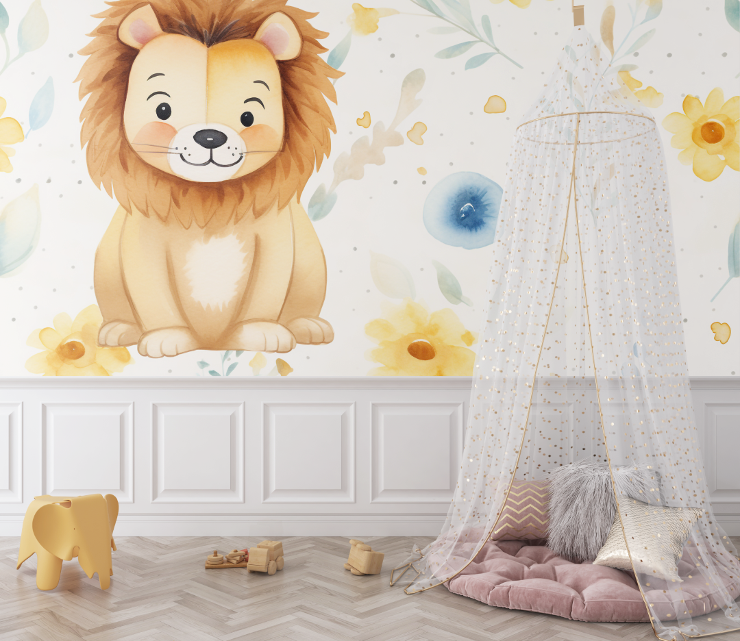 Papier peint lion et motifs minimalistes bebe