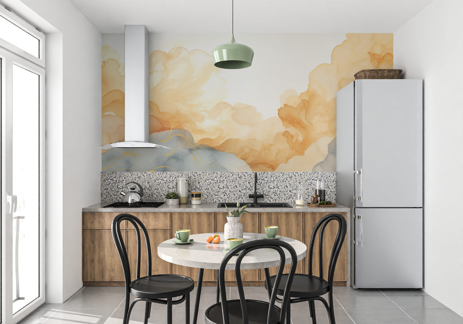 Papier peint aquarelle touche doree mur cuisine