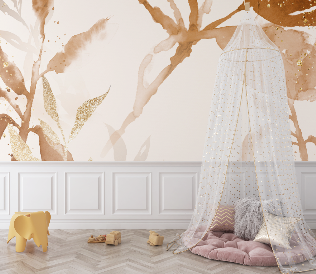 Papier peint bébé ton neutre feuilles - bebe