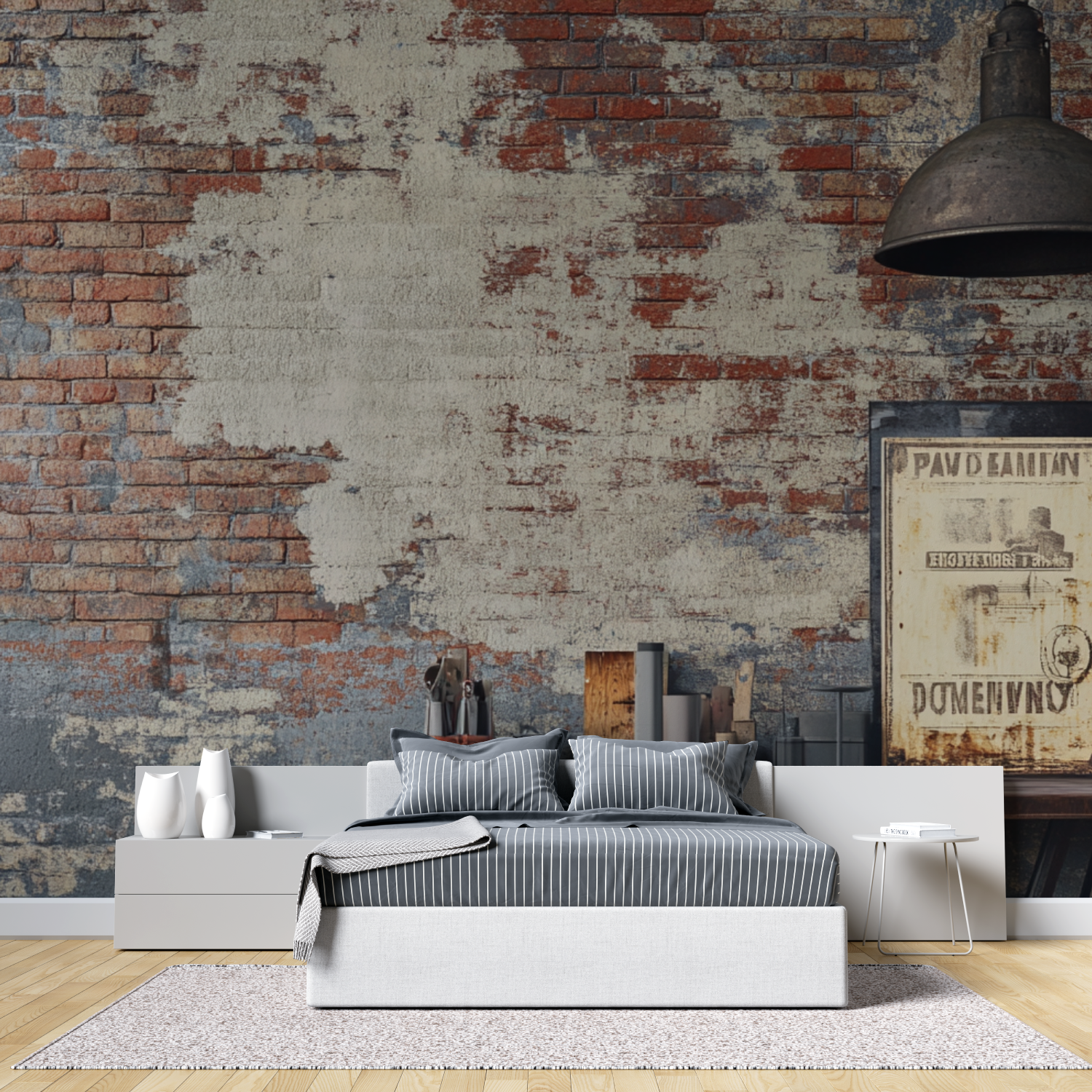 Papier peint trompe loeil style industriel tete de lit
