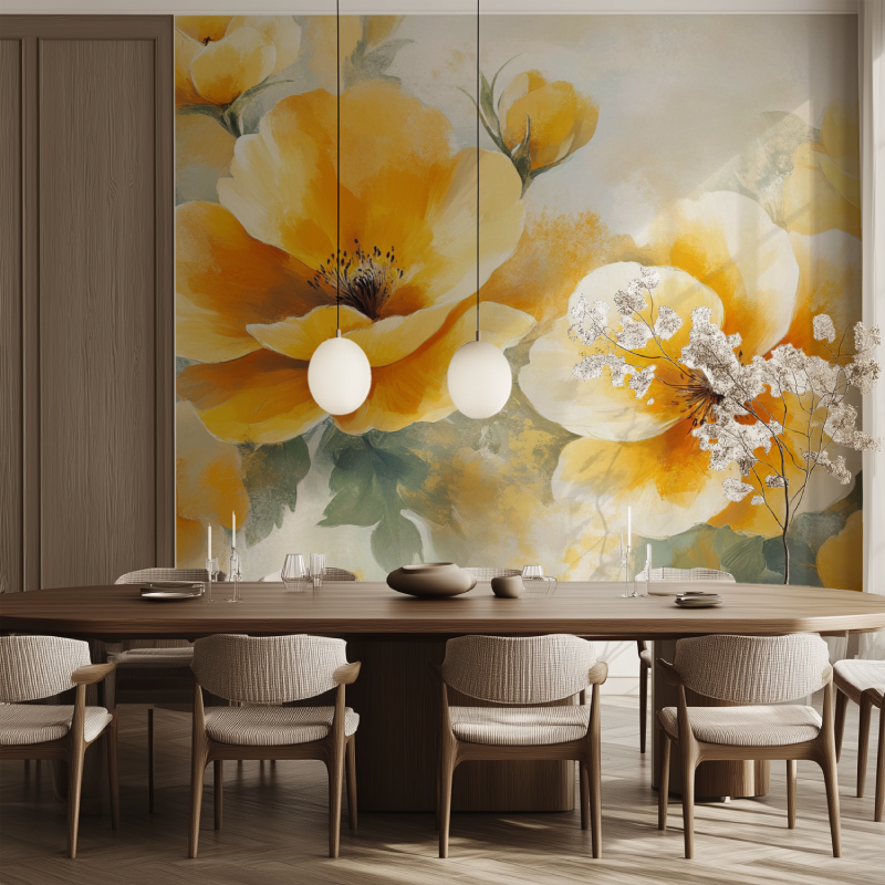 Papier peint fleur jaune salle manger tendance