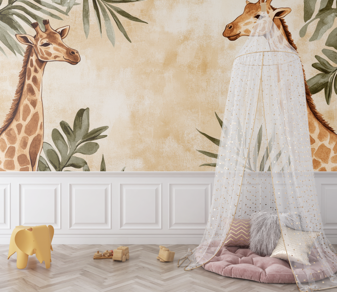 Papier peint girafe et jungle sepia bebe