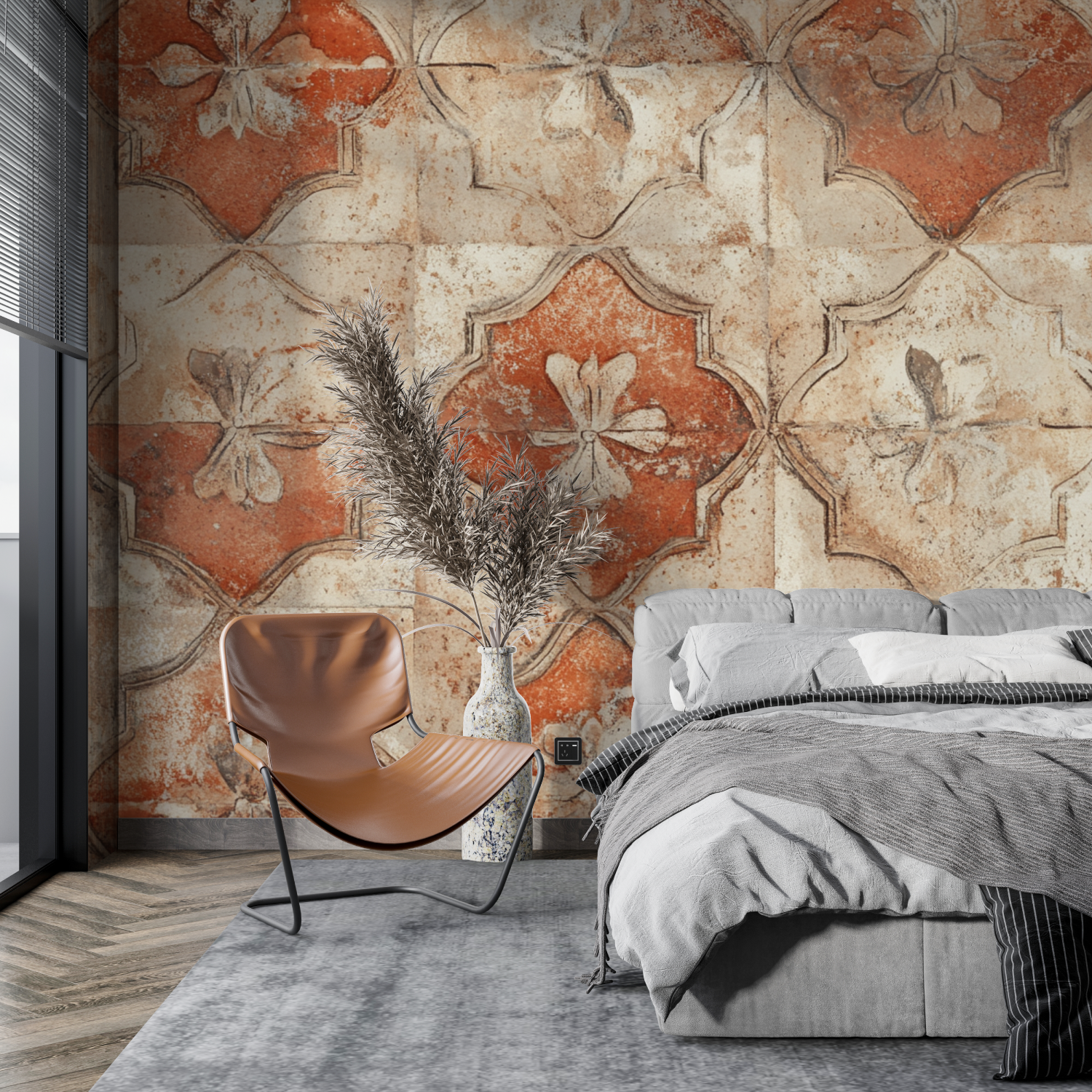 Papier peint terracotta et carrelage ancien tapisserie pano