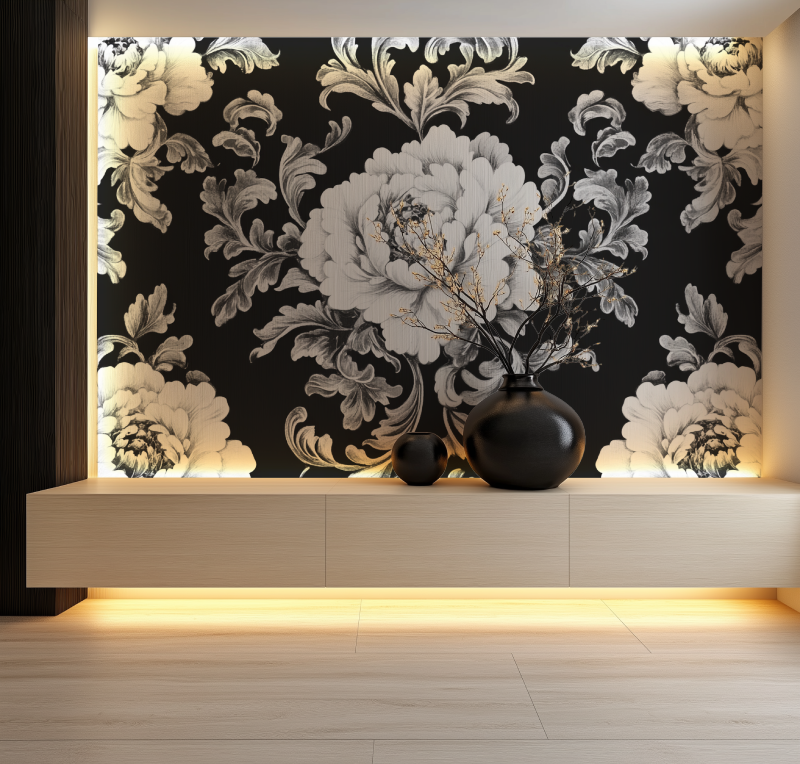 Papier peint vintage noir et blanc salon neon