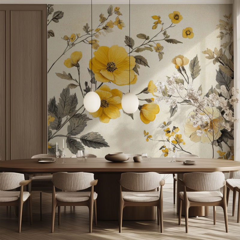 Papier peint vintage jaune fleur salle manger tendance