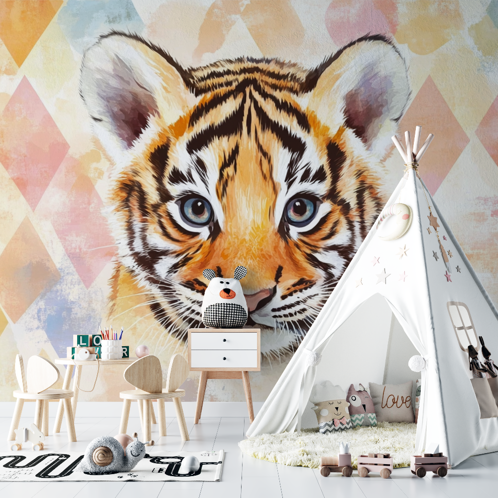 Papier peint tigre et motifs geometriques chambre bebe