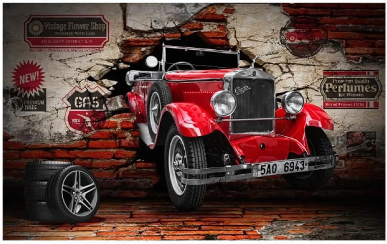 Vintage car trompe l'oeil wallpaper