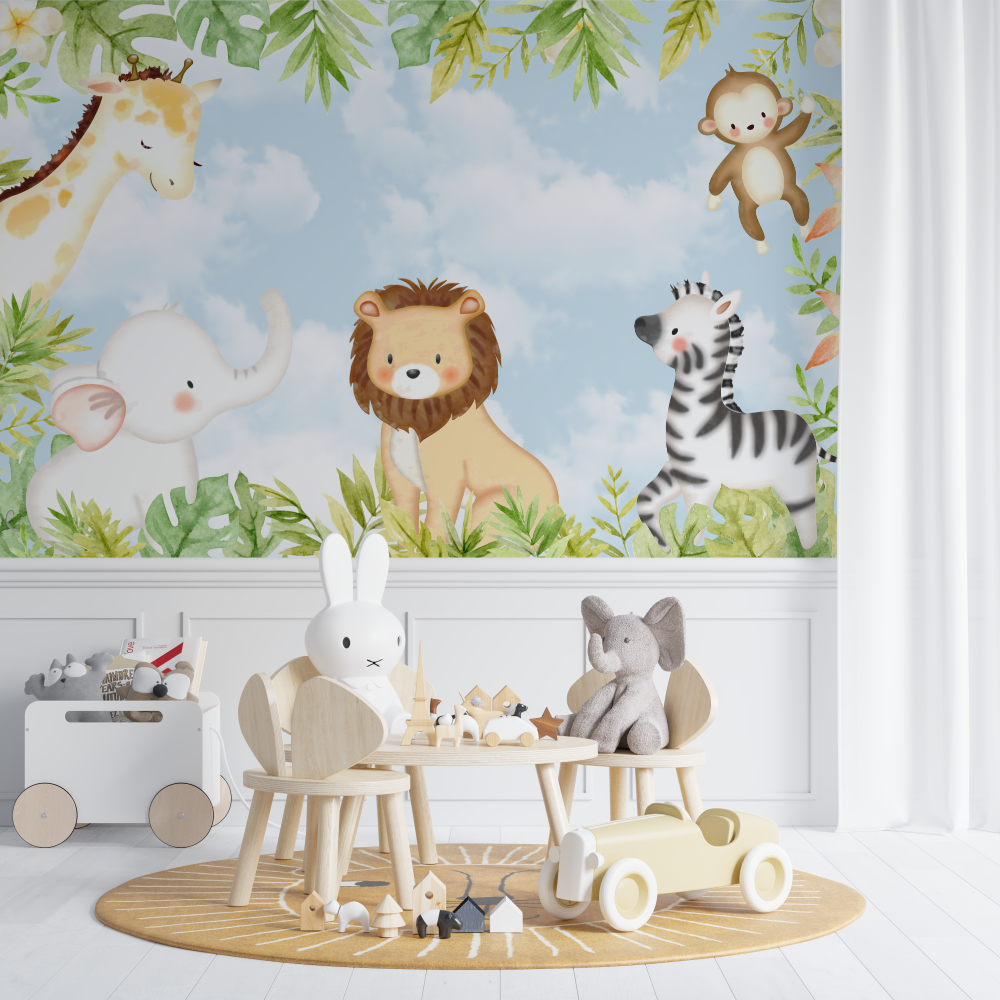 Papier peint lion amis de la savane chambre de bebe