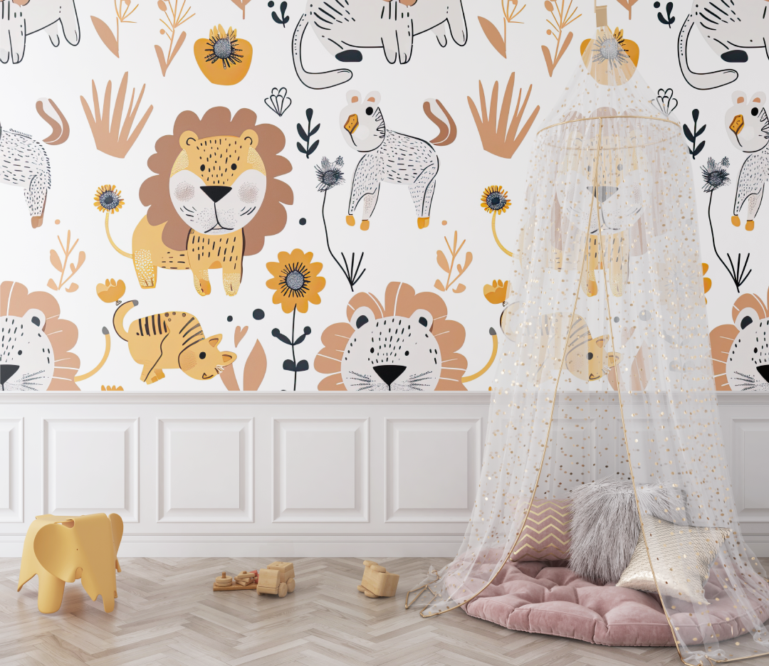 Papier peint lion et motifs nordiques bebe