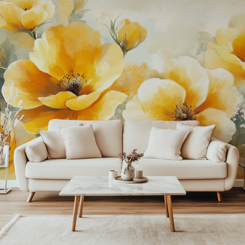 Papier peint fleur jaune canape simple