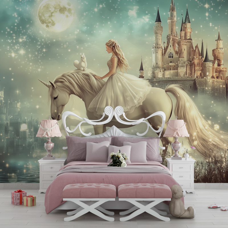 Papier peint princesse chateau licorne chambre filles