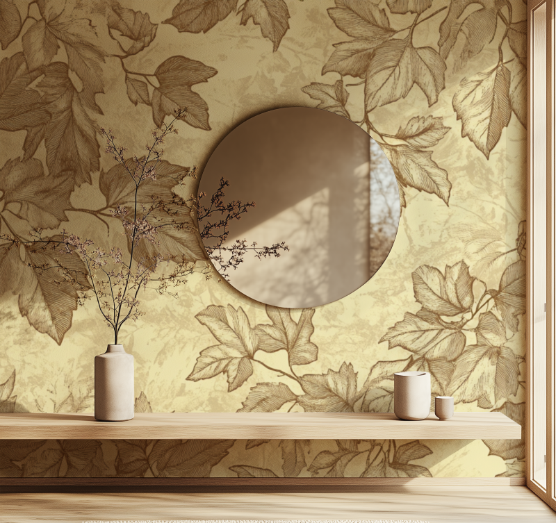 Papier peint vintage feuilles animaux miroir