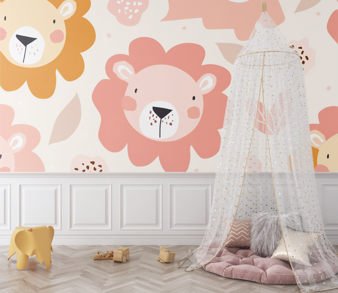 Papier peint lion et couleurs pastel bebe