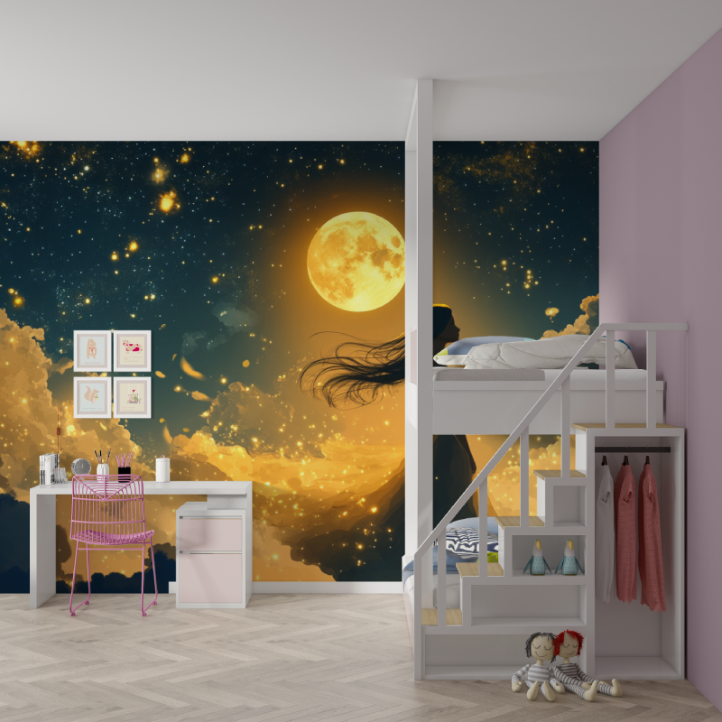 Papier peint princesse sous les etoiles mur chambre fille