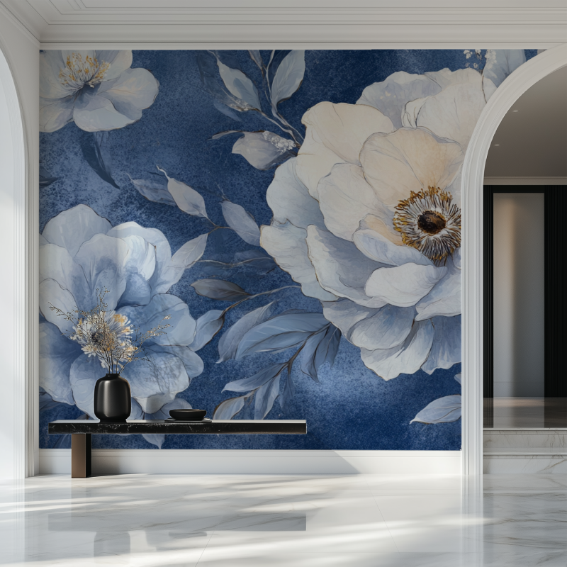 Papier peint fleur bleu marine salon beau
