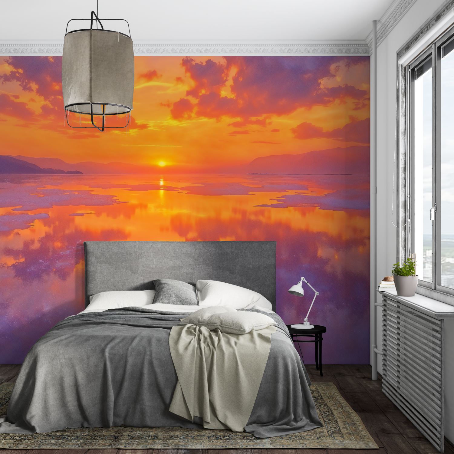 Papier peint aquarelle coucher soleil mural