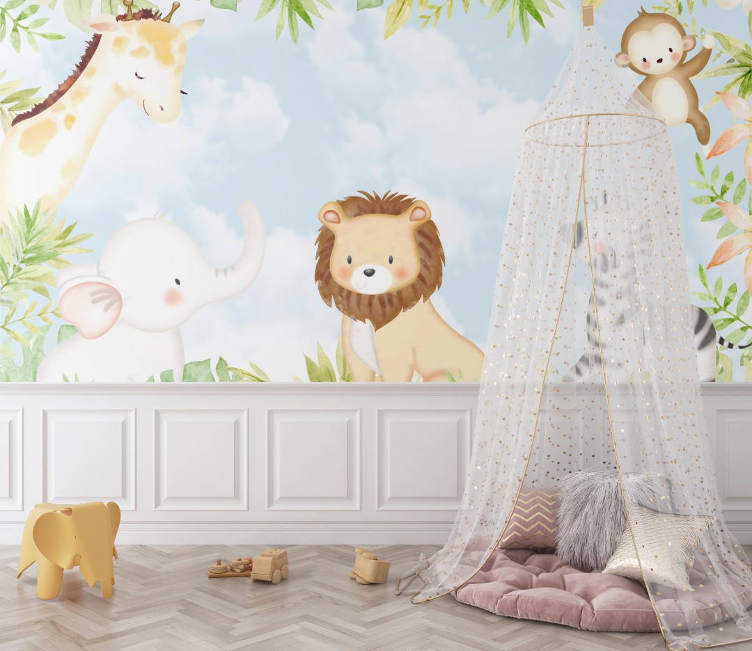 Papier peint lion amis de la savane bebe