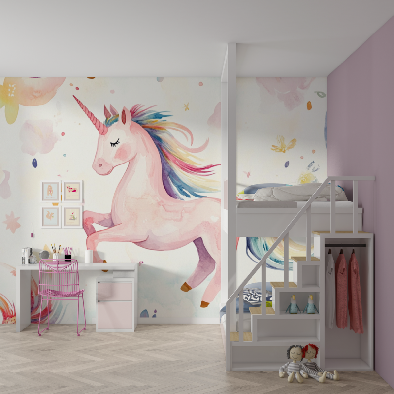 Papier peint licorne belle chevauchee mur chambre fille