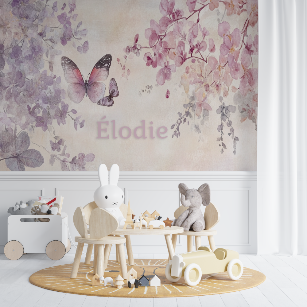 Papier peint prenom papillons rose chambre de bebe