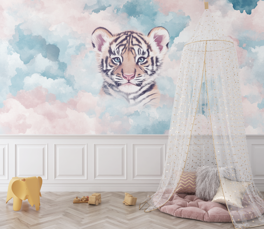 Papier peint tigre et nuages pastel bebe