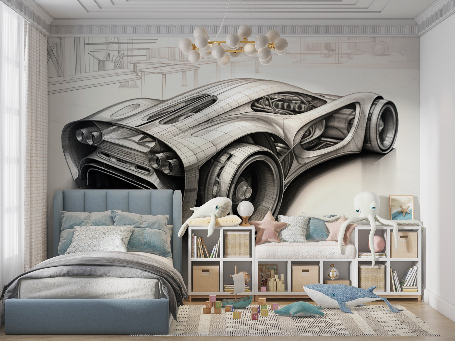 Papier peint dessin technique voiture panoramique garcon