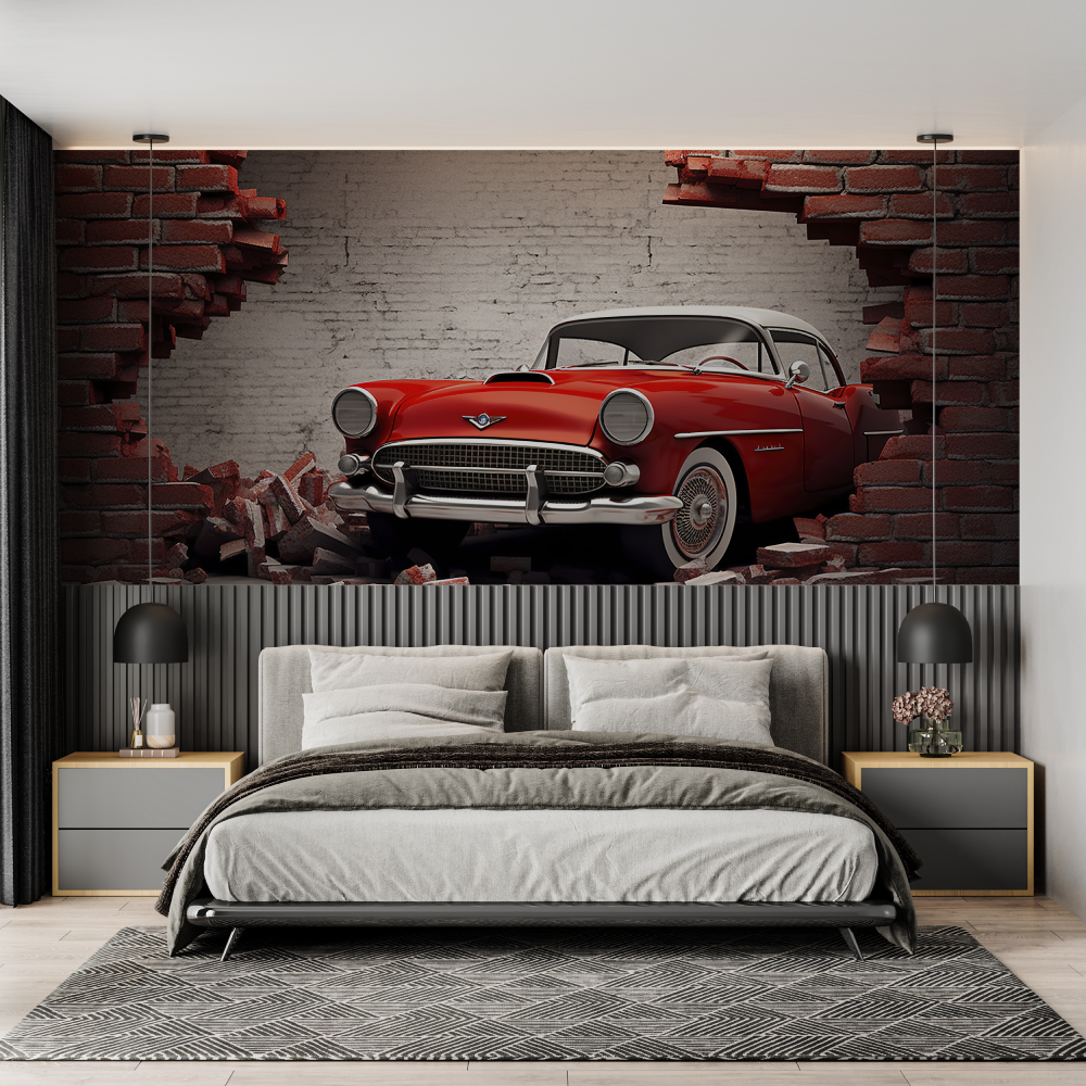 Papier peint trompe loeil voiture vintage chambre adulte